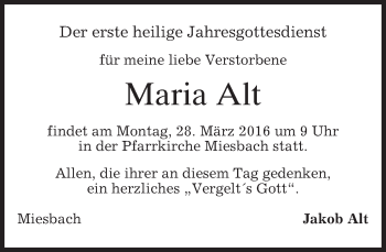 Todesanzeige von Maria Alt von merkurtz