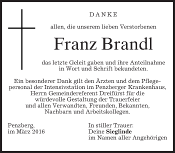 Todesanzeige von Franz Brandl von merkurtz