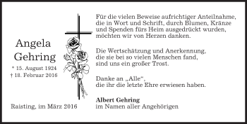 Todesanzeige von Angela Gehring von merkurtz