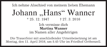 Todesanzeige von Johann  Wanner von merkurtz