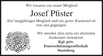 Todesanzeige von Josef Pfister von merkurtz