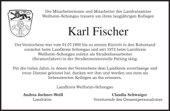 Todesanzeige von Karl Fischer von merkurtz