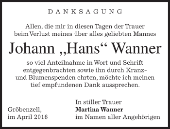 Todesanzeige von Johann  Wanner von merkurtz