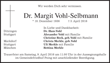 Todesanzeige von Margit Vohl-Selbmann von merkurtz