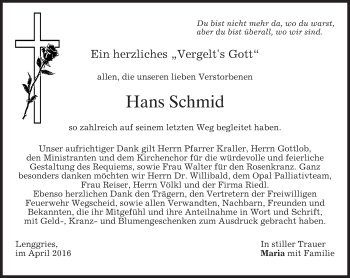 Todesanzeige von Hans Schmid von merkurtz