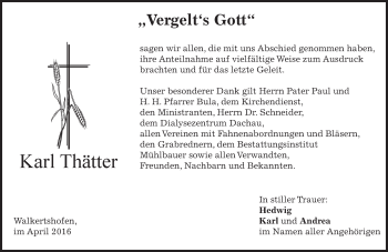 Todesanzeige von Karl Thätter von merkurtz