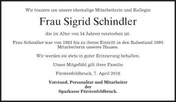 Todesanzeige von Sigrid Schindler von merkurtz