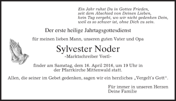 Todesanzeige von Sylvester Noder von merkurtz