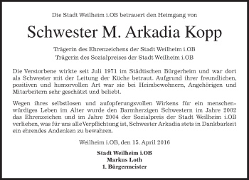 Todesanzeige von M. Arkadia Kopp von merkurtz