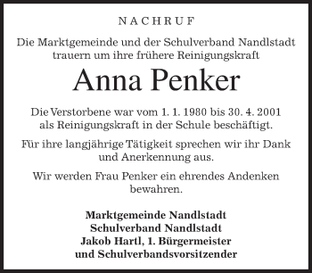 Todesanzeige von Anna Penker von merkurtz