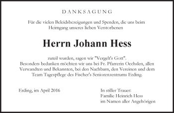Todesanzeige von Johann Hess von merkurtz