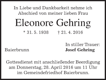 Todesanzeige von Eleonore Gehring von merkurtz