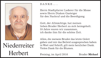 Todesanzeige von Herbert Niederreiter von merkurtz