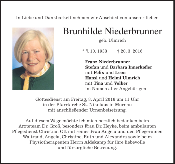 Todesanzeige von Brunhilde Niederbrunner von merkurtz