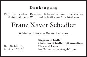 Todesanzeige von Franz Xaver Schedler von merkurtz