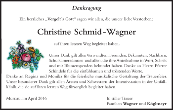 Todesanzeige von Christine Schmid-Wagner von merkurtz