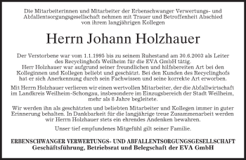 Todesanzeige von Johann Holzhauer von merkurtz