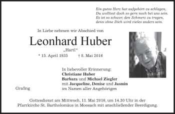 Todesanzeige von Leonhard Huber von merkurtz