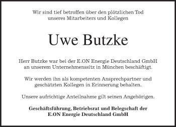 Todesanzeige von Uwe Butzke von merkurtz