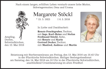 Todesanzeige von Margarete Stöckl von merkurtz