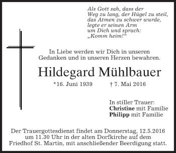 Todesanzeige von Hildegard Mühlbauer von merkurtz