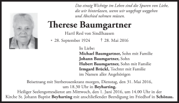 Todesanzeige von Therese Baumgartner von merkurtz