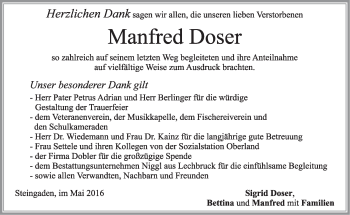 Todesanzeige von Manfred Doser von merkurtz