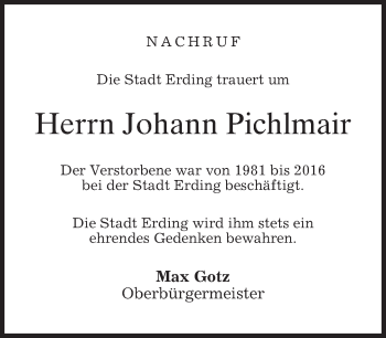 Todesanzeige von Johann Pichlmair von merkurtz