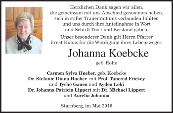 Todesanzeige von Johanna Koebcke von merkurtz