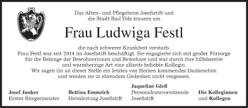 Todesanzeige von Ludwiga Festl von merkurtz