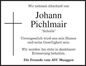 Todesanzeige von Johann Pichlmair von merkurtz