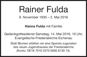 Todesanzeige von Rainer Fulda von merkurtz