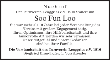 Todesanzeige von Soo Fun Loo von merkurtz