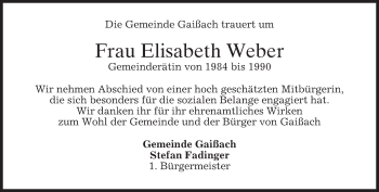 Todesanzeige von Elisabeth Weber von merkurtz