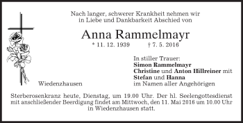 Todesanzeige von Anna Rammelmayr von merkurtz