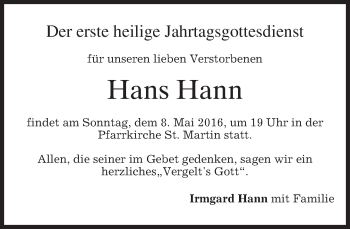 Todesanzeige von Hans Hann von merkurtz