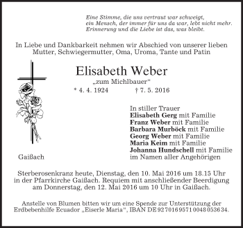 Todesanzeige von Elisabeth Weber von merkurtz