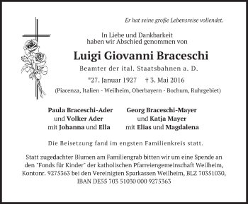Todesanzeige von Luigi Giovanni Braceschi von merkurtz