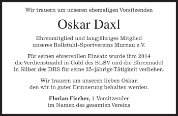 Todesanzeige von Oskar Daxl von merkurtz