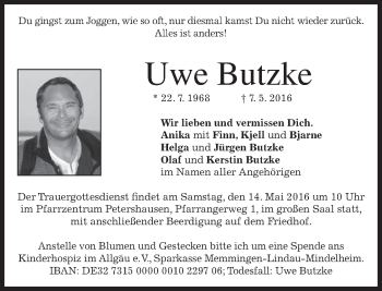 Todesanzeige von Uwe Butzke von merkurtz