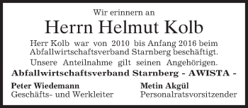 Todesanzeige von Helmut Kolb von merkurtz