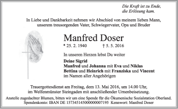 Todesanzeige von Manfred Doser von merkurtz