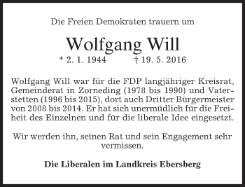 Todesanzeige von Wolfgang Will von merkurtz