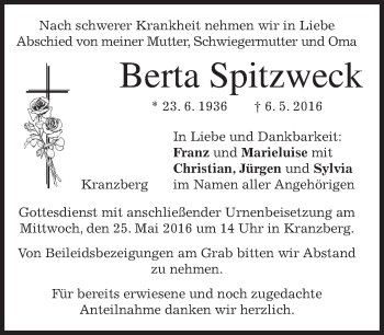 Todesanzeige von Berta Spitzweck von merkurtz
