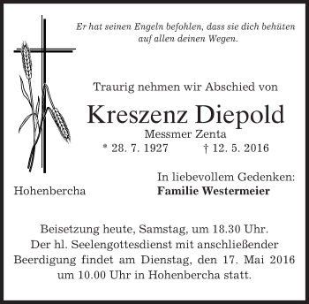 Todesanzeige von Kreszenz Diepold von merkurtz