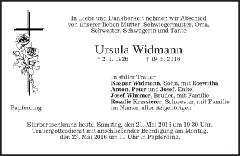 Todesanzeige von Ursula Widmann von merkurtz