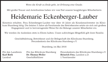 Todesanzeige von Heidemarie Eckenberger-Lauber von merkurtz