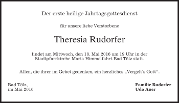 Todesanzeige von Theresia Rudorfer von merkurtz