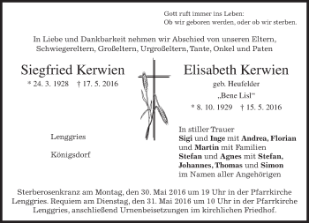 Todesanzeige von Siegfried und Elisabeth Kerwien von merkurtz