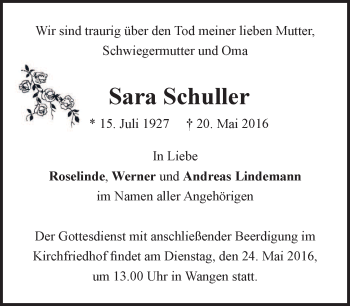 Todesanzeige von Sara Schuller von merkurtz